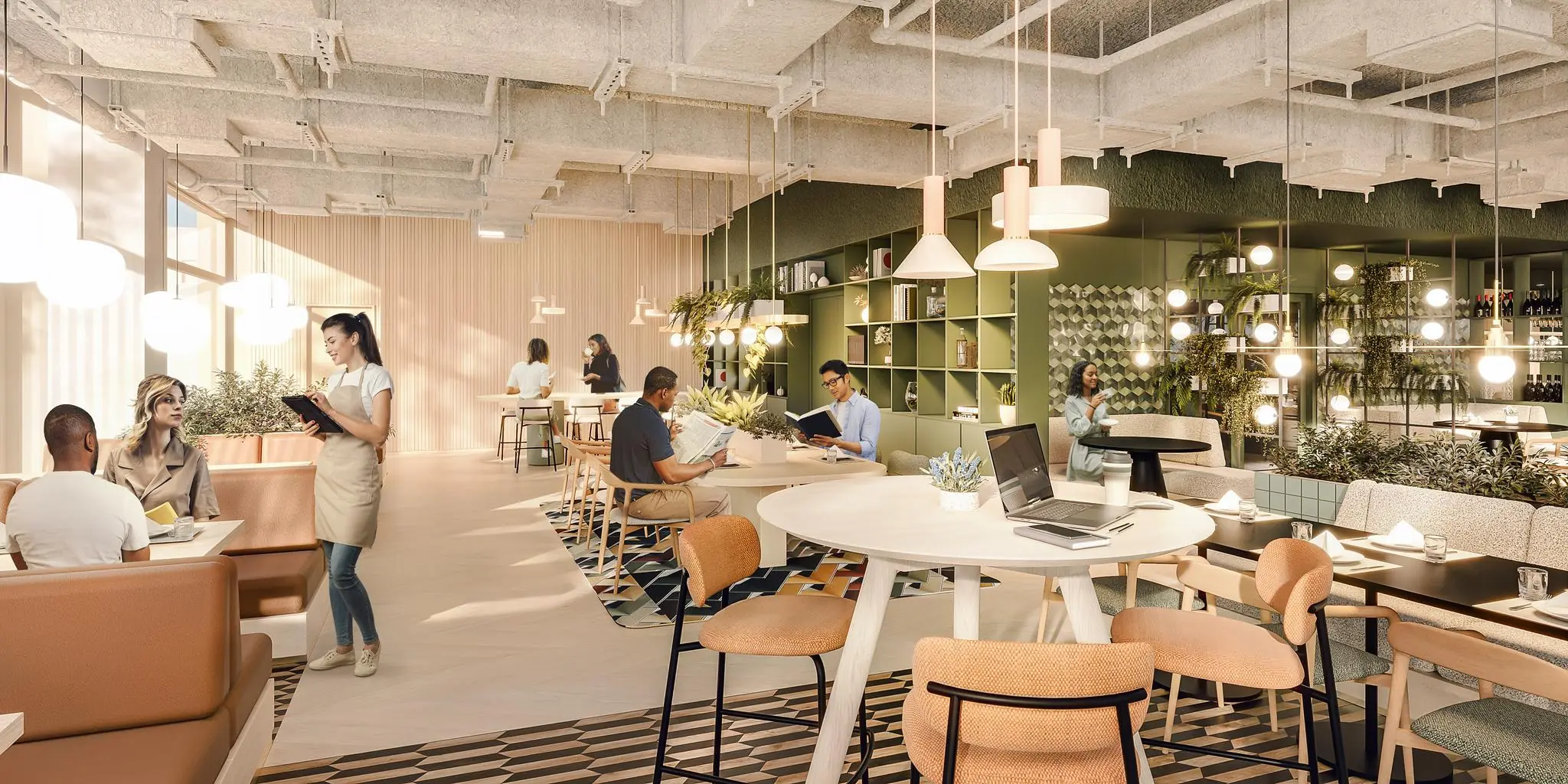 Modern ingericht café aan de Marten Meesweg met mensen die ontspannen werken, lezen en lunchen in een lichte, groene omgeving.